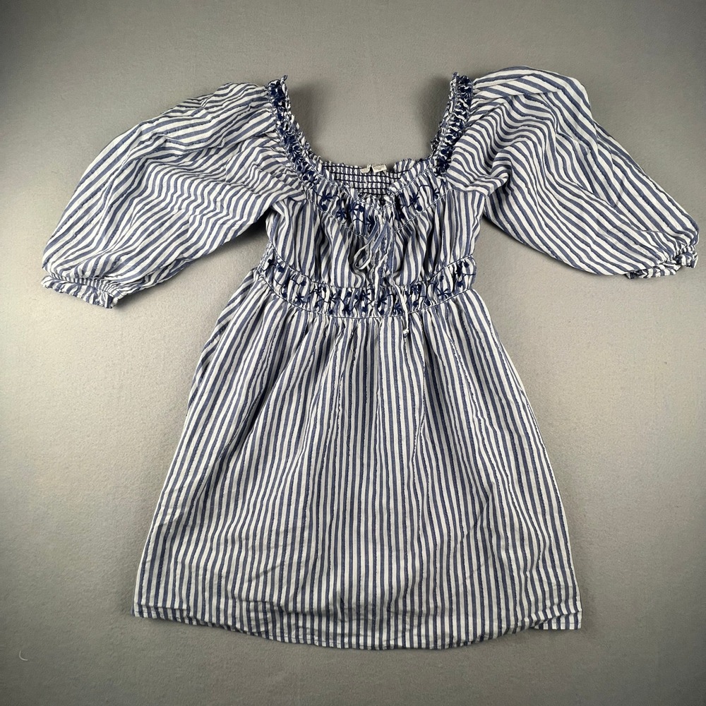 American Eagle Mini Dress Womens XS Blue Striped Smocked Embroidered Cottagecore